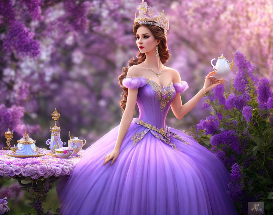 Illustration of woman in purple ball gown with teacup, crown, lilac flowers, and