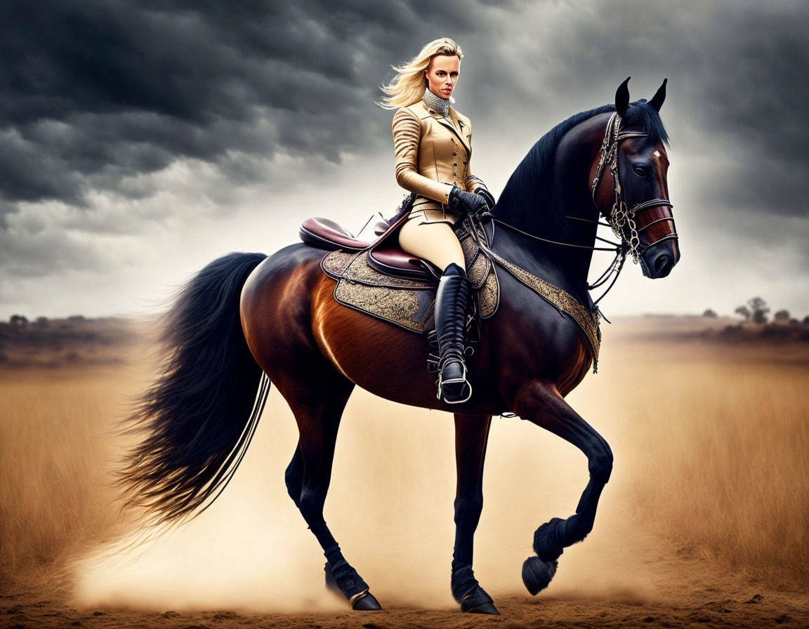 Woman in beige riding jacket on black horse galloping in stormy field