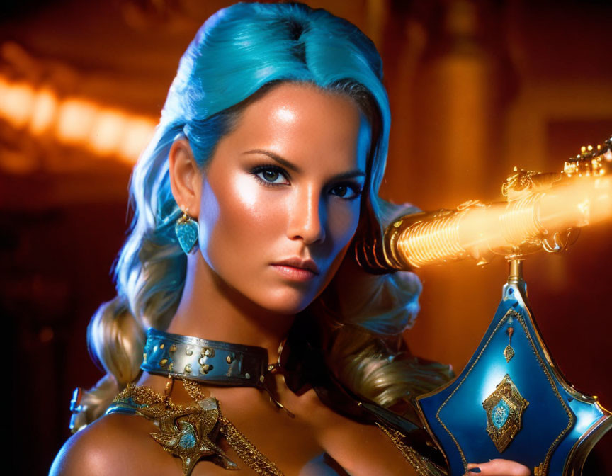 Woman with Vibrant Blue Hair and Golden Accessories in Warm-Lit Ambiance