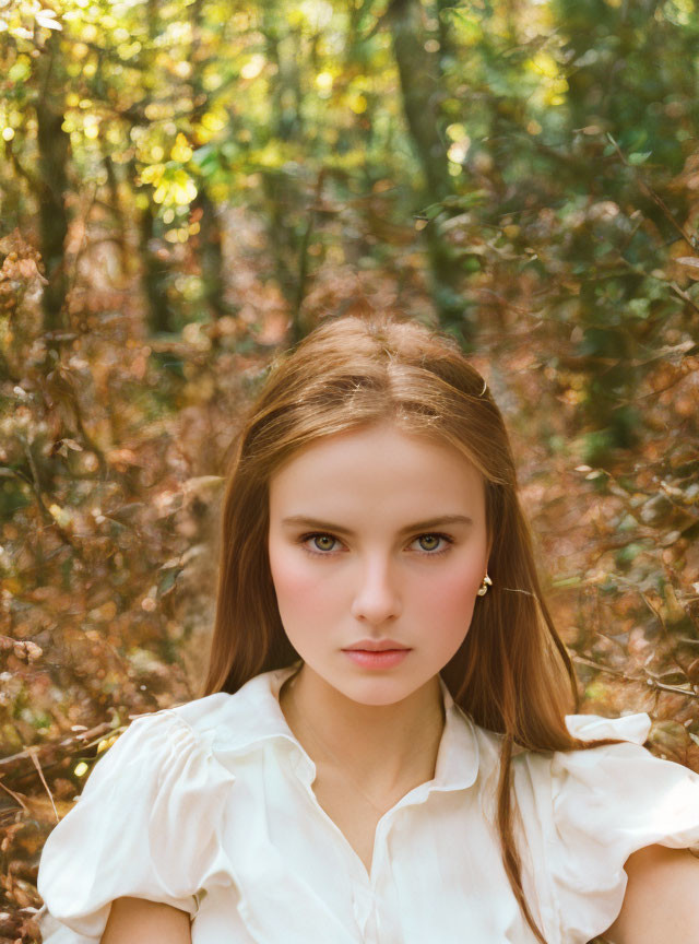 Young woman with long brown hair in white blouse poses in autumn woodland.