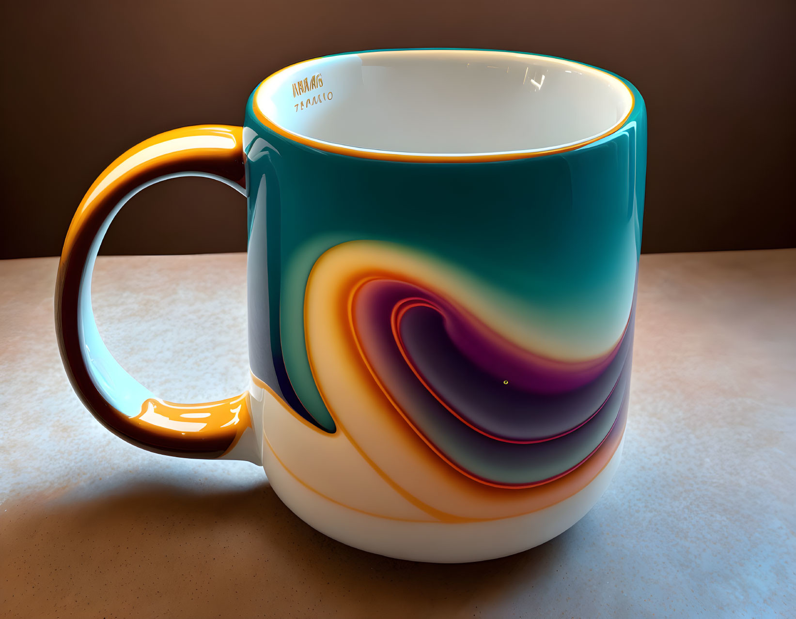 Multicolor Swirling Design Ceramic Mug with Orange Handle