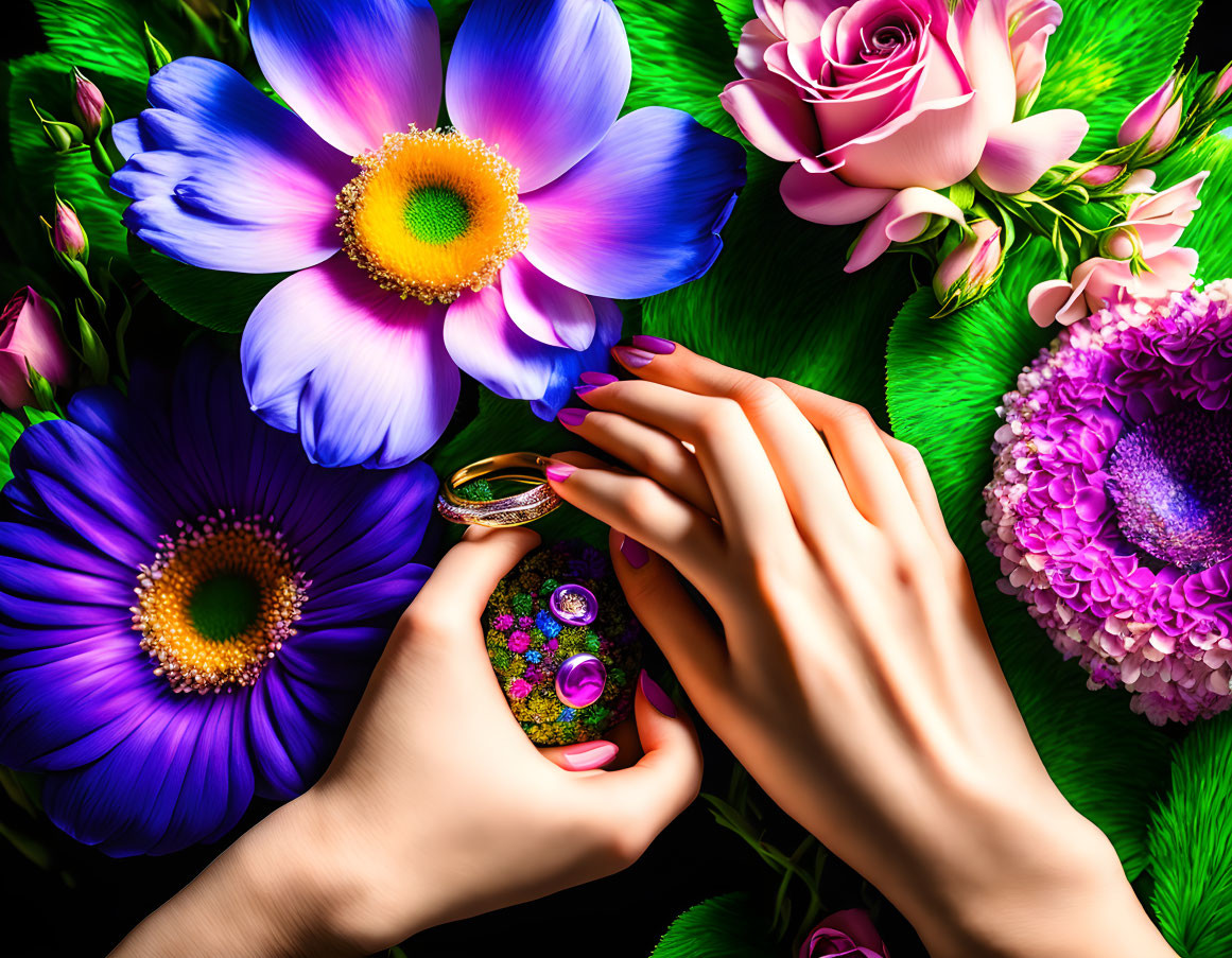 Hands Holding Glass Container Amid Vibrant Flowers