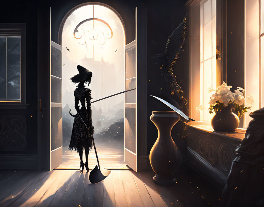 Silhouetted figure in witch-like attire by open door with raven and flowers.