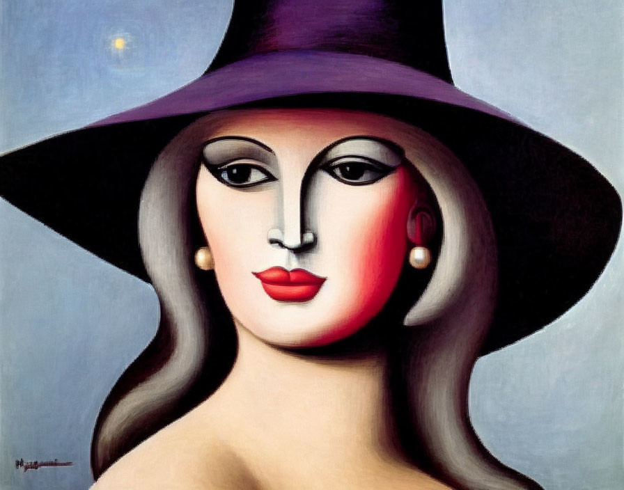 Surrealistic painting of stylized female figure with split face and black hat