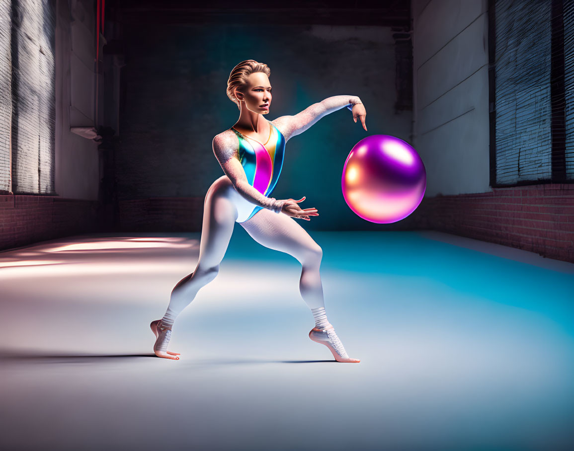 Shimmering bodysuit performer with glowing orb in blue-lit room