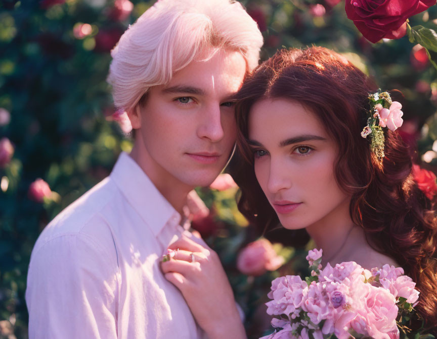 Man in white and woman with flower bouquet among blooming roses