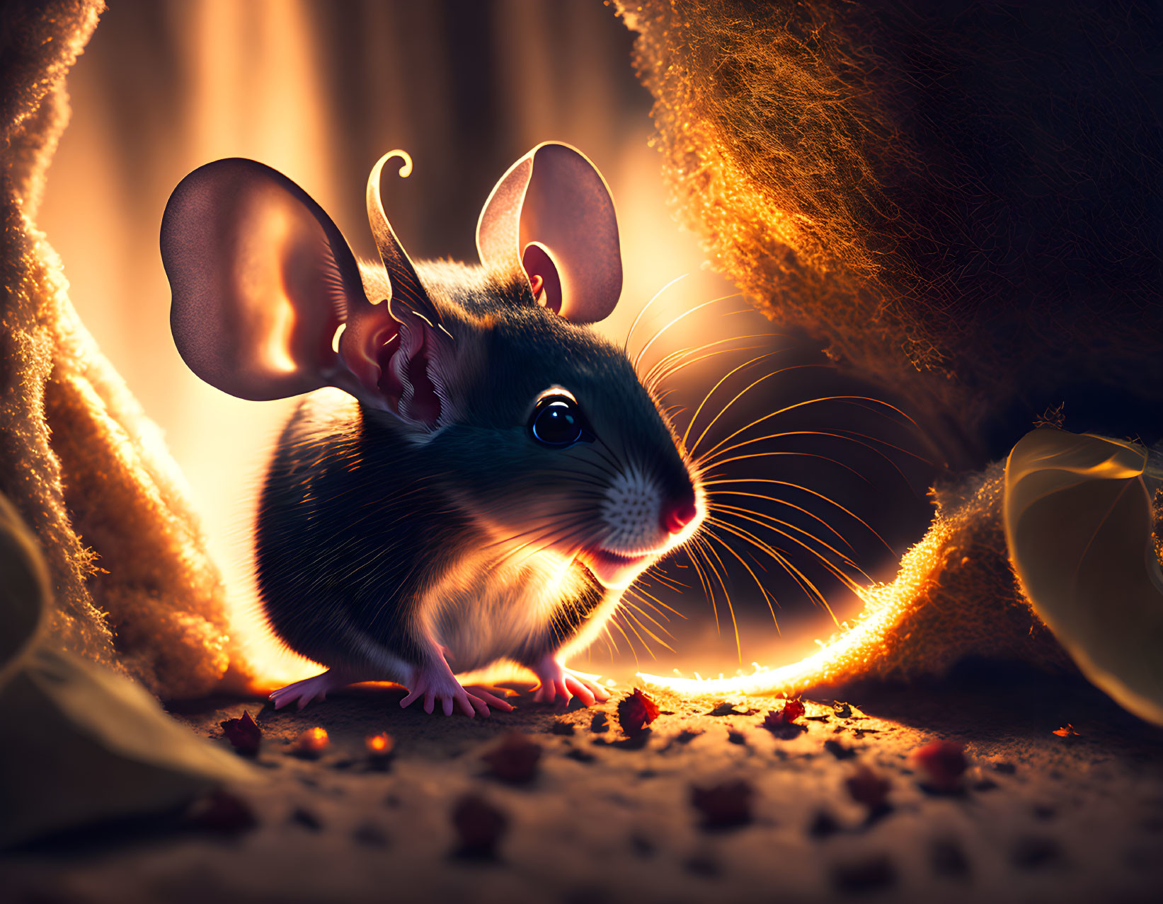 Illustration of mouse with large ears in golden light among leaves