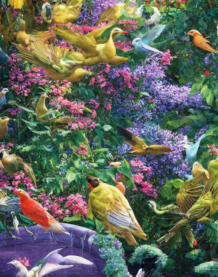 Colorful Birds and Blooming Flowers in Vibrant Painting