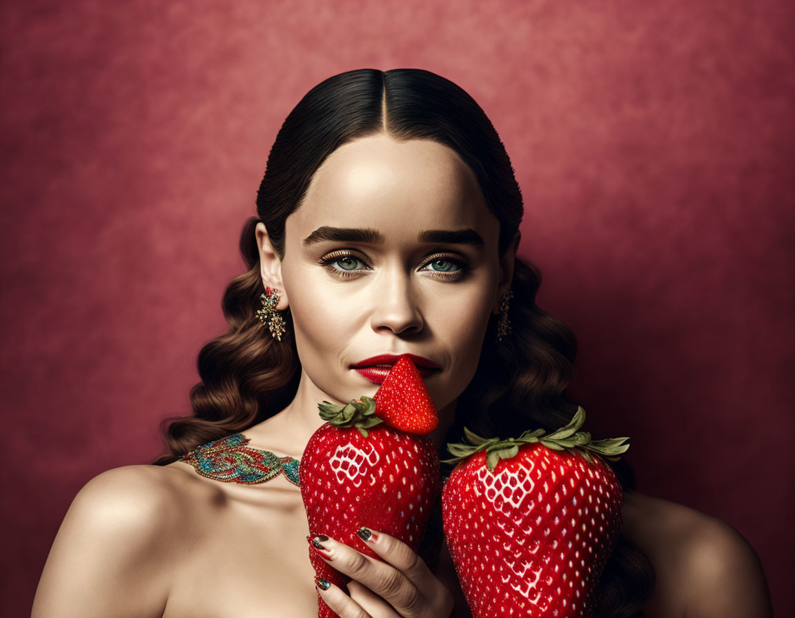 Dark-haired woman holding strawberries on crimson backdrop