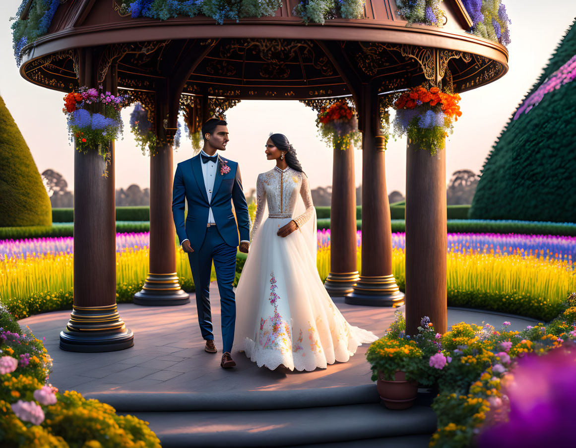 Formal couple holding hands under flower-adorned gazebo at sunset