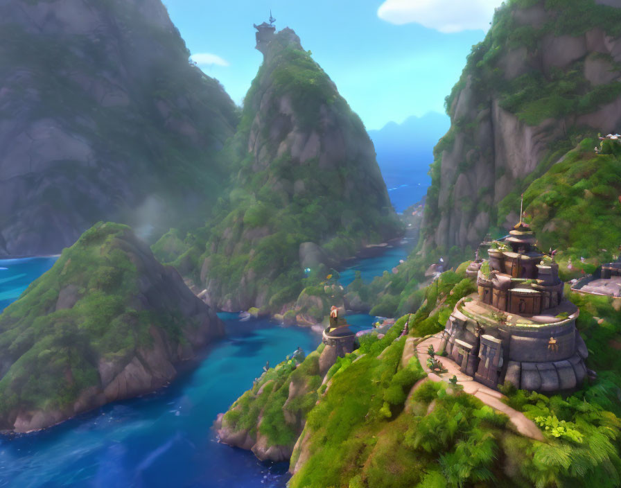 Mystical coastal landscape with green cliffs and pagoda-style structures