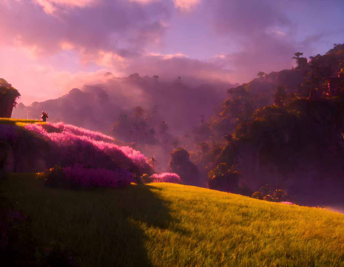 Scenic sunrise landscape with purple skies, greenery, flowers, and fog