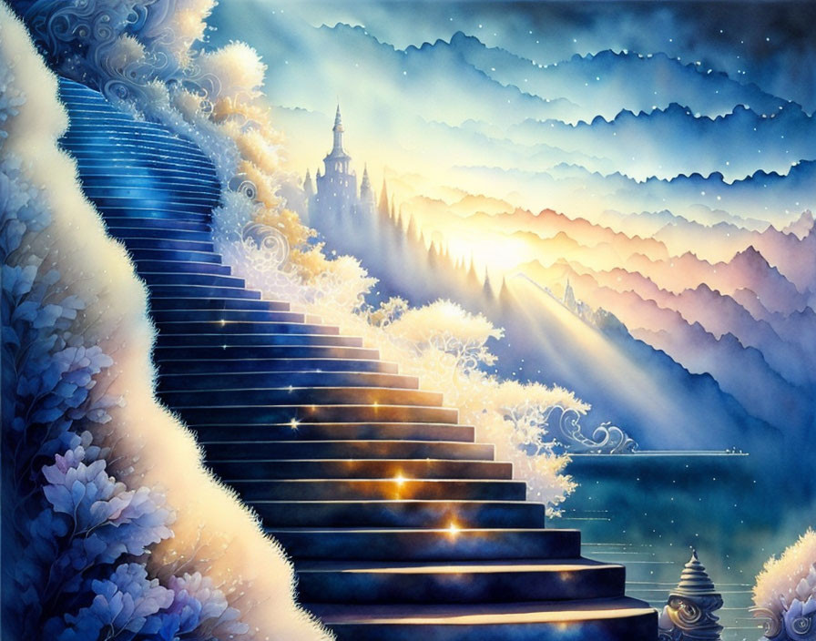 Fantastical landscape with glowing staircase in misty blue mountains