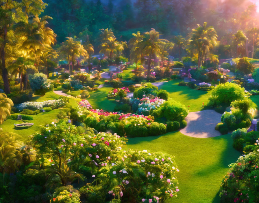 Vibrant flower garden with palm trees and winding paths in golden sunlight