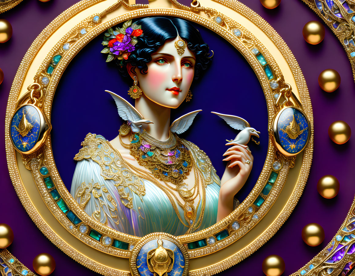 Detailed illustration of a woman with dark hair in ornate golden frame