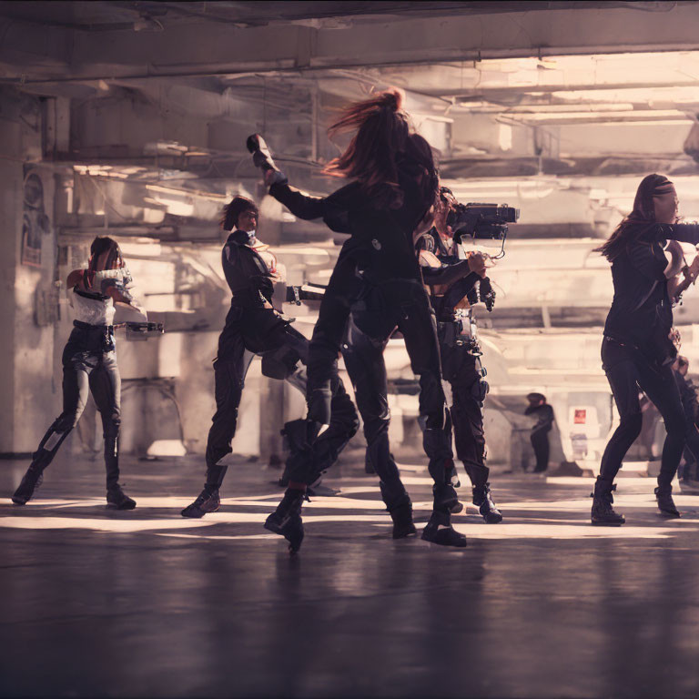 Group of armed individuals in dark attire navigate dimly lit industrial setting