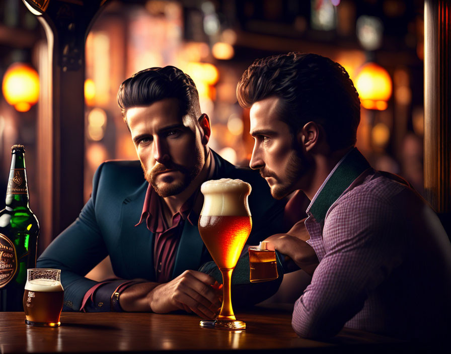 Two men with well-groomed beards at bar, having serious conversation with beers