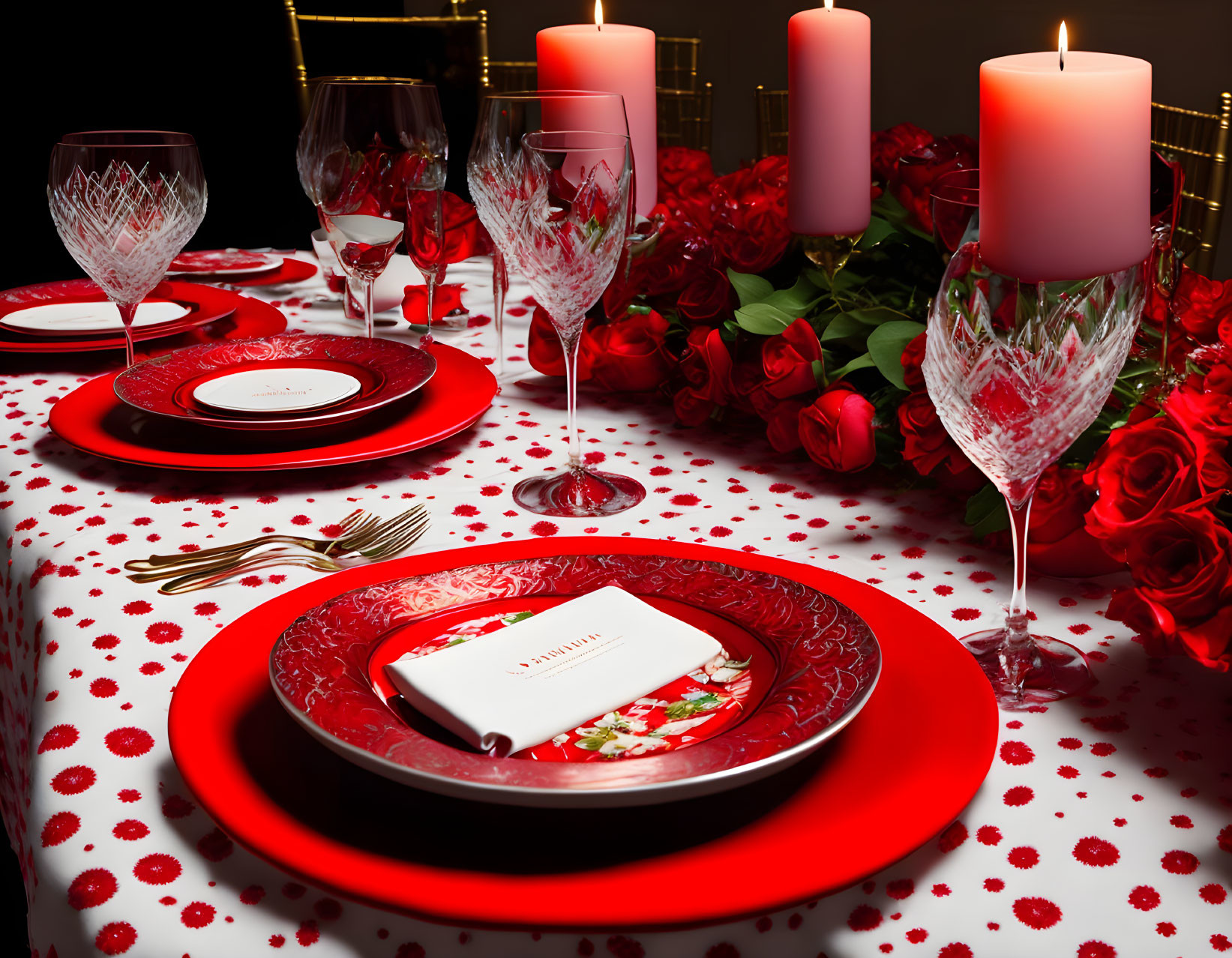 Elegant Romantic Dinner Setting with Red Plates and Roses