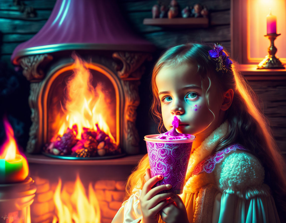 Cozy fireplace scene with young girl and hot drink