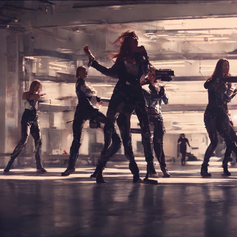 Futuristic combat attire women dance in industrial setting