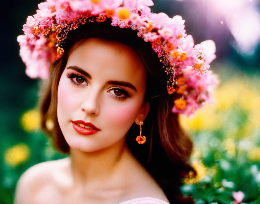 Woman with floral wreath in serene nature setting