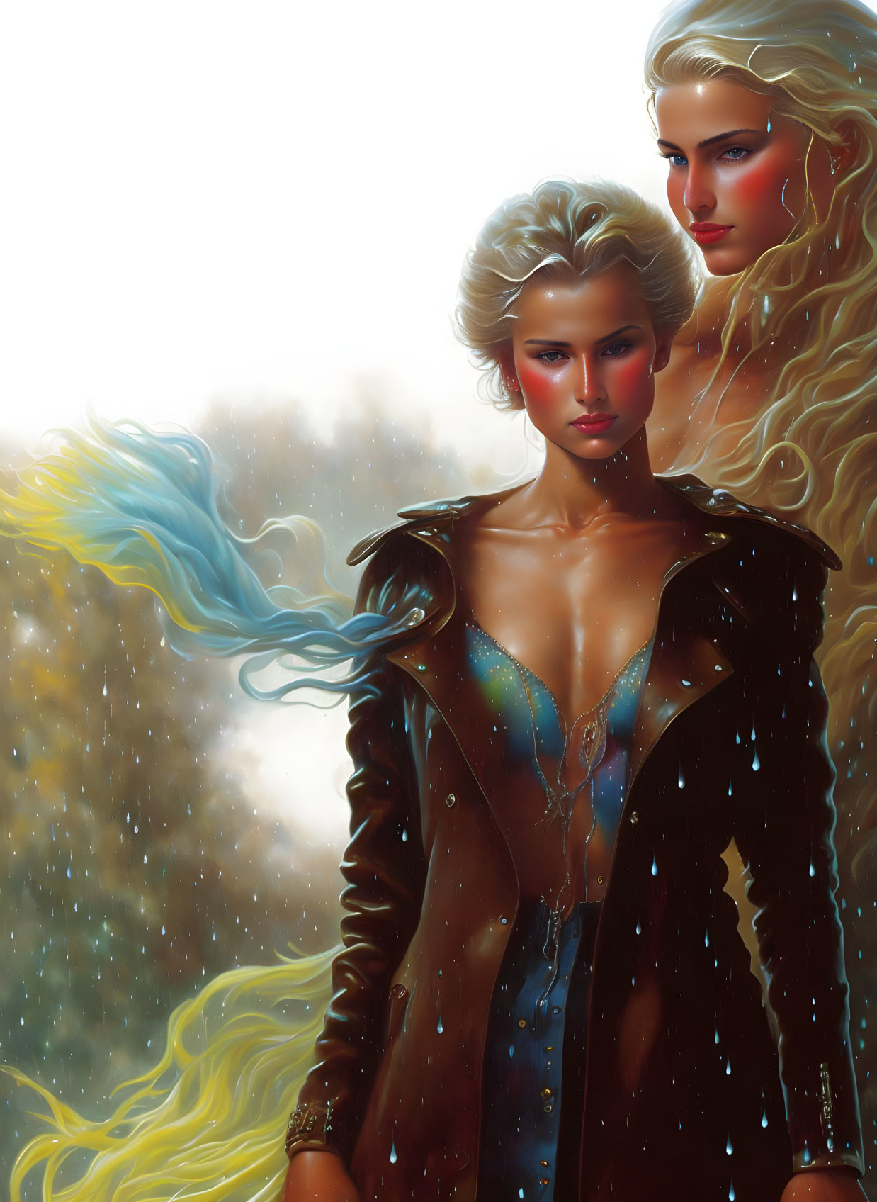 Ethereal women with blond hair and blue wisps on soft backdrop