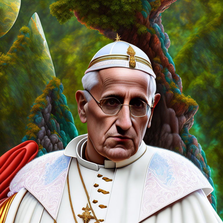 Illustrated portrait of a man in papal regalia against vibrant forest backdrop