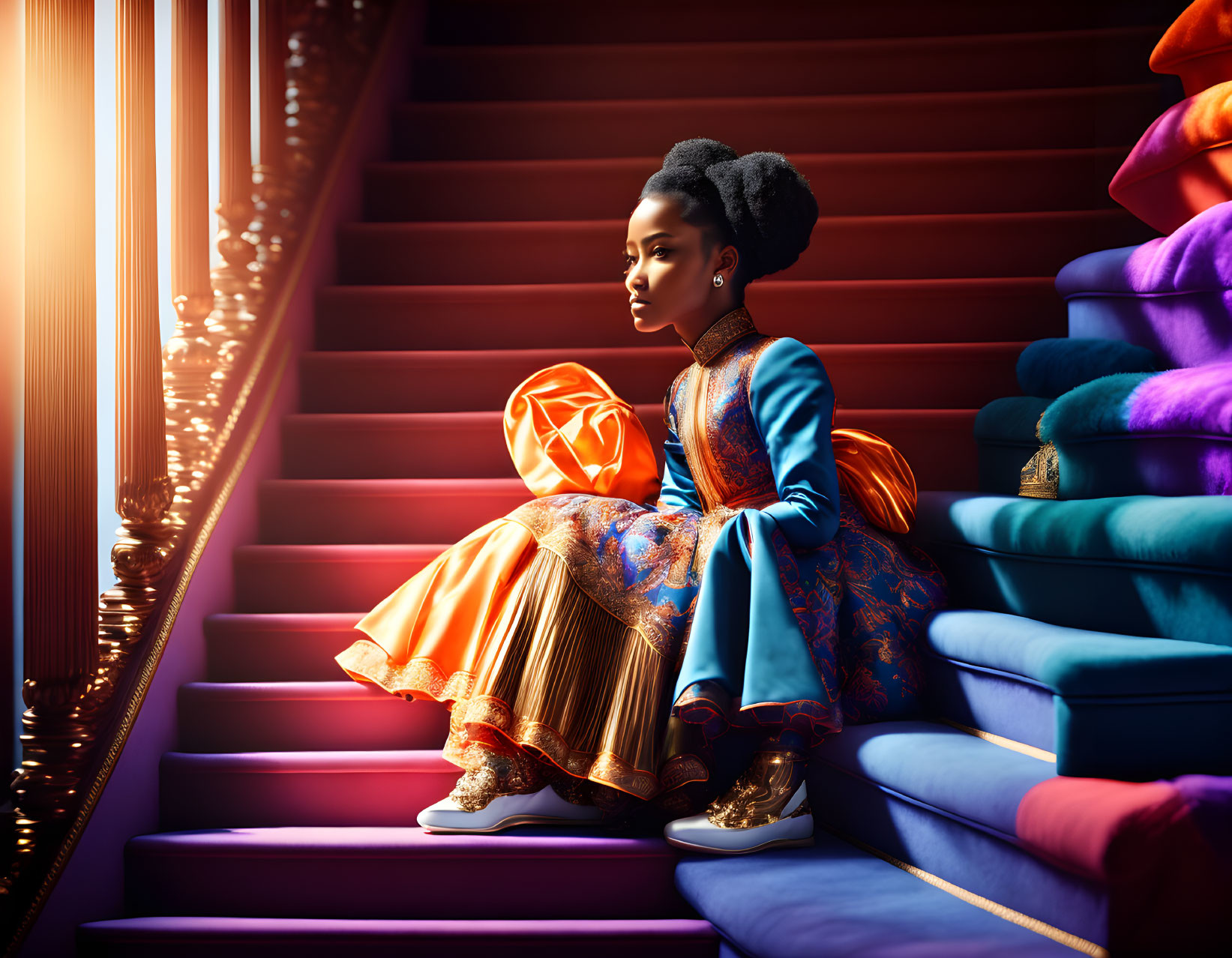 Regal Woman in Blue and Gold Traditional Dress on Purple Stairs