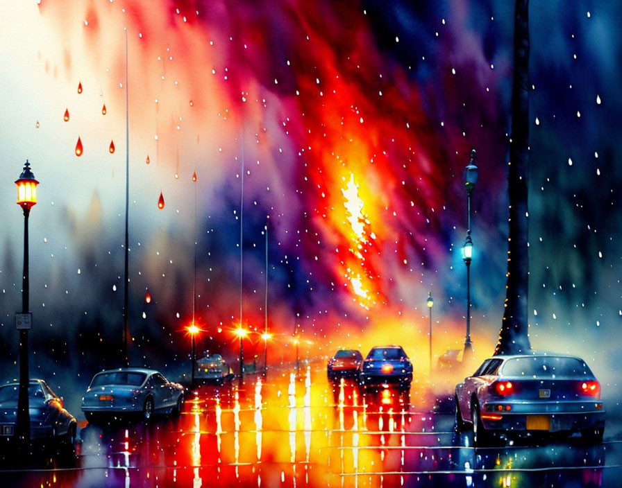 Vibrant street scene with rain streaks, colorful cars, and illuminated street lamps