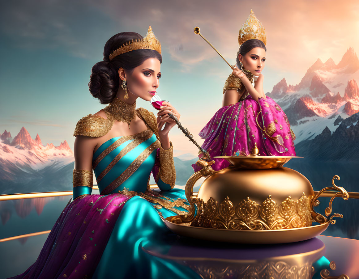 Elegant women in royal attire with scepter on golden vessel against mountain backdrop