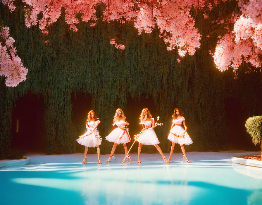 Four individuals in white and pink dresses dancing under pink flowering trees by a pool at dusk.