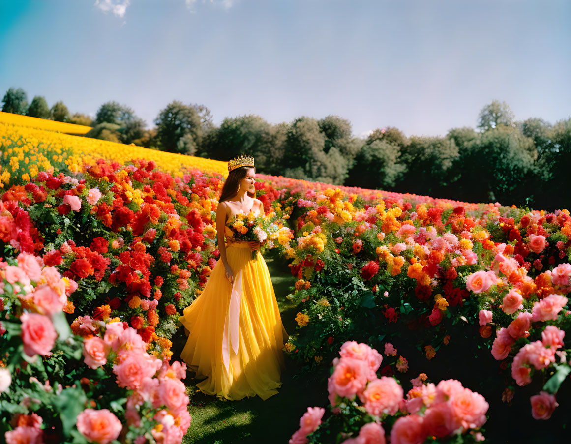 Woman in Yellow Dress Surrounded by Multicolored Roses