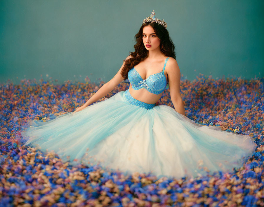 Woman in Blue Tiara and Gown Surrounded by Blue and Purple Flowers