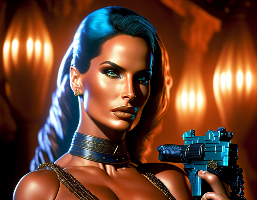 Digital Artwork: Woman with Blue Skin Holding Gun in Futuristic Attire