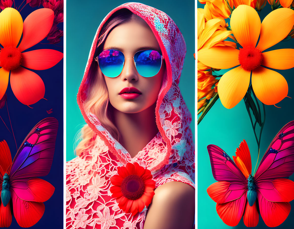 Fashion portrait of woman with sunglasses and headscarf surrounded by flowers and butterflies on blue background
