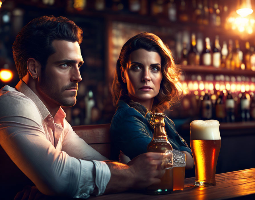 Man and woman at bar with drinks, moody ambiance, thoughtful expressions