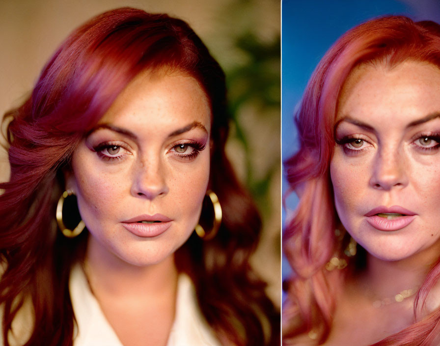 Split image of woman with red hair and vibrant makeup in softly lit room with blurred plant.