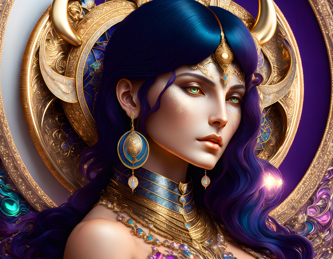 Illustration of mystical woman with blue hair and golden jewelry on purple background