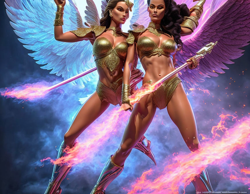 Female warriors with wings in golden armor and spears against cosmic backdrop.