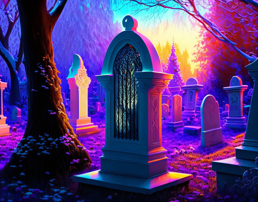 Colorful Cemetery with Twilight Sky and Intricate Headstones