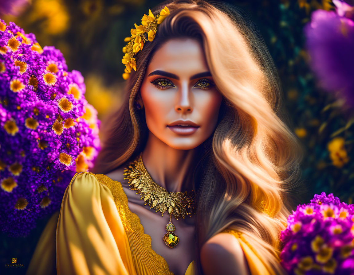 Woman with golden makeup and flowers in hair among purple flowers wearing yellow dress and gold jewelry