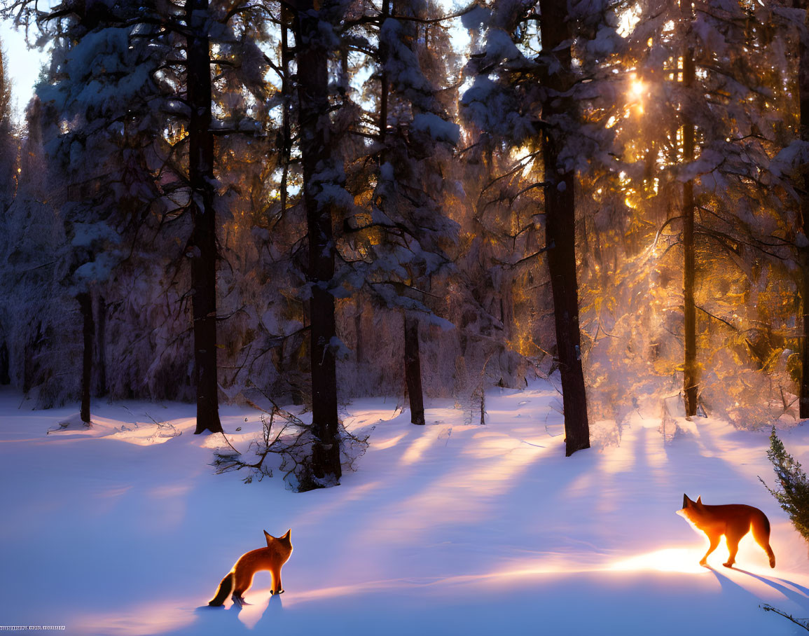 Winter forest scene with two foxes under sunset light