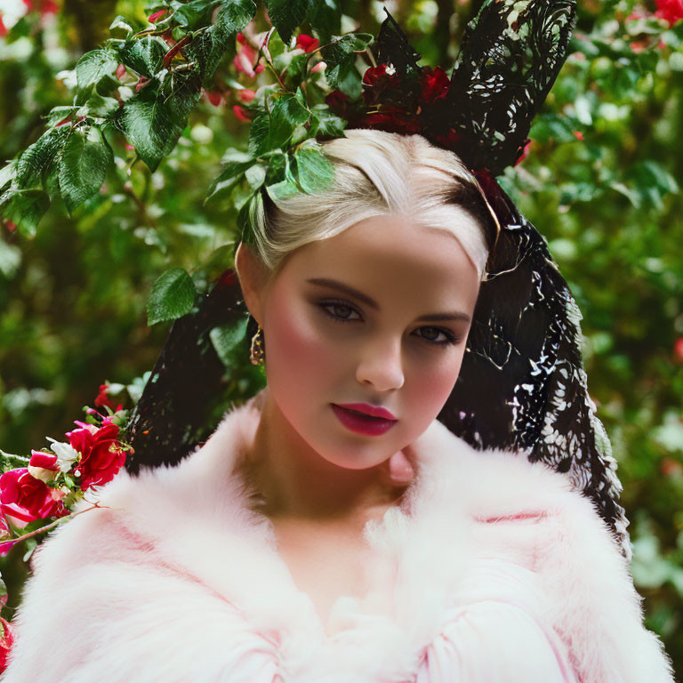 Portrait of woman in floral headpiece and lace veil among red flowers in garden wearing pale pink furry outfit