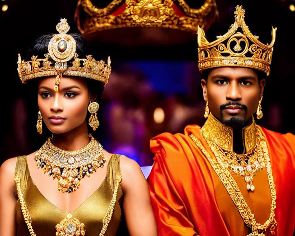 Regal couple in golden crowns and elegant attire