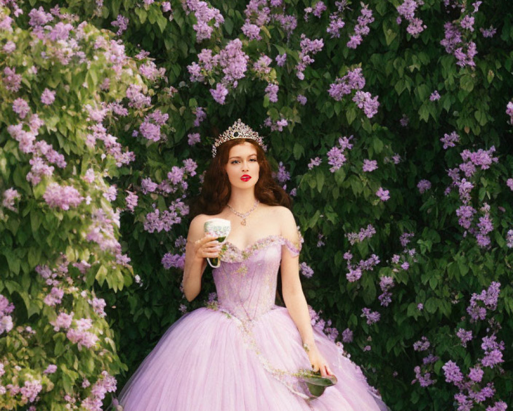 Woman in Purple Gown Poses with Cup and Saucer in Front of Lilac Flowers