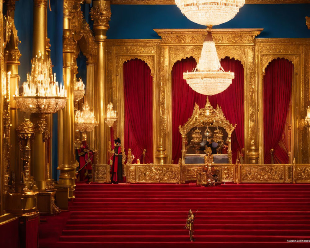 Luxurious Throne Room with Red Curtains, Golden Columns, Chandelier, and Regal Throne