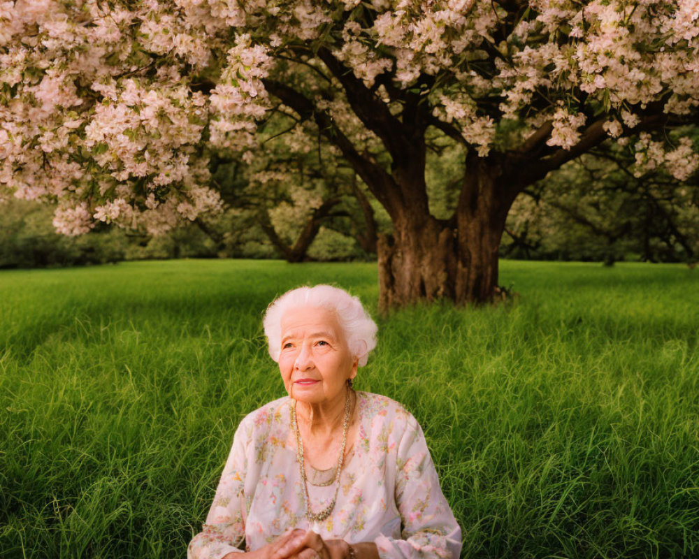 Elderly woman with white hair under blossoming tree in lush meadow