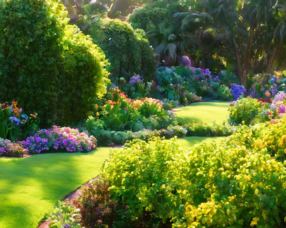 Colorful Garden with Sunlit Flowers, Shrubs, and Trees