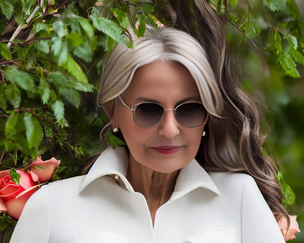 Gray-Haired Woman in Sunglasses and White Blouse Posing in Front of Green Foliage