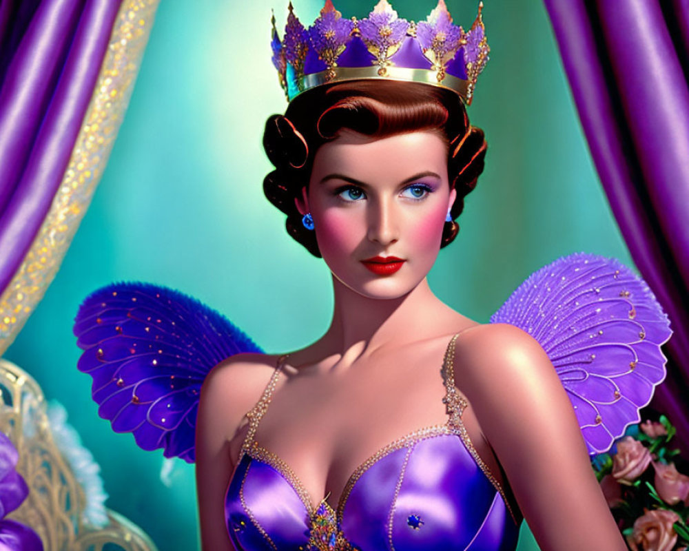 Stylized Woman with Crown and Butterfly Wings in Vibrant Purple Tones